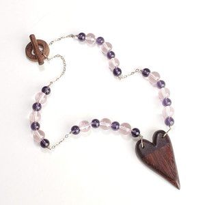 Artisan Made Carved Wood Heart Pendant Beaded Necklace